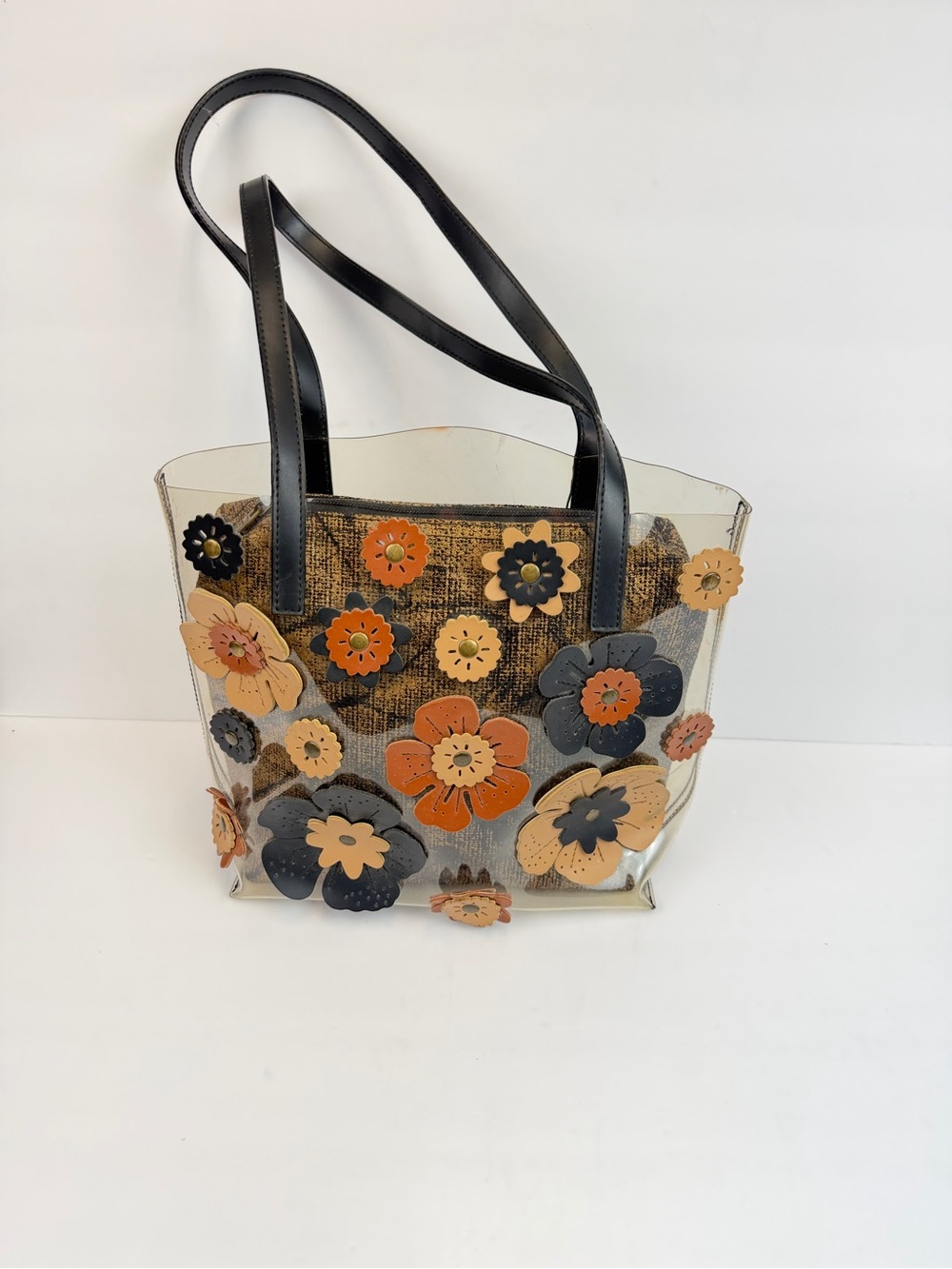 braccialini Clear Floral Appliqué Tote with Orange, Tan, and Black Accents